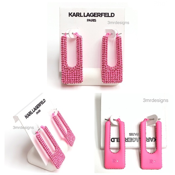 NWT KARL LAGERFELD Pink Color-Coated Glass Crystal Square Hoop Earrings - Picture 2 of 7